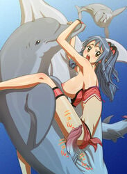 animal_genitalia breasts brown_eyes cetacean dolphin female feral grey_hair hair human interspecies japanese_text male mammal marine nipples open_mouth sea_story straight swimming swimsuit text toyomaru underwater video_games warin water zooerastia zoophilia