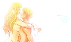 1boy 2girls blonde_hair blue_eyes breasts earrings eye_contact fairy female hand_on_back highres link link_(ocarina_of_time) long_hair male multiple_girls navel navi nintendo nipples nude ocarina_of_time parted_lips pointy_ears princess_zelda ribbon romantic short_hair sideboob simple_background skyward_sword smile the_legend_of_zelda white_background wholesome yasasu zelda_(skyward_sword)