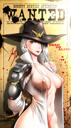 1girls 2d areolae armor arms_behind_back arms_tied_behind_back ashe_(overwatch) beauty_mark blizzard_entertainment bondage bound_arms breasts collarbone cowboy_hat cowgirl curvy earrings english_text female female_only front_view hat hat_over_eyes highres human jazzjack large_breasts looking_at_viewer mole mole_above_mouth navel nipple_bulge nipples no_bra open_shirt overwatch perky_breasts pokies red_eyes rope_bondage see-through shirt silver_hair skimpy skull_earrings smile solo text toned wanted_poster