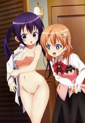 2girls blue_eyes blush breasts brown_hair cocoa_hoto female female_only gochuumon_wa_usagi_desu_ka? hair_ornament hairclip highres human innie_pussy is_the_order_a_rabbit? legs long_hair megami multiple_females multiple_girls navel nude_filter official_art open_mouth purple_eyes purple_hair pussy rize_tedeza shirt short_hair sparkling_eyes tied_hair twintails uncensored undressing very_long_hair waitress