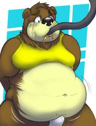 2014 absurd_res anthro bear belly blush bondage bound bulge chubby clothed clothing eating erection feeding food force_feeding forced fur furry furry_only goo greg_(werepyre-warrior) hi_res inflation jelly male male_only mammal moobs obese overweight penis plain_background shirt slime solo stuffing tuft underwear werepyre-warrior