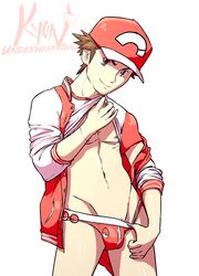 1boy alolan_boy belly brown_eyes brown_hair bulge clothes crotch hat human human_only looking_at_viewer male male_focus male_only navel nintendo nipples pokemon pokemon_rgby red_(pokemon) red_underwear shirt shirt_lift short_hair smile solo standing text thong underwear undressing watermark white_background