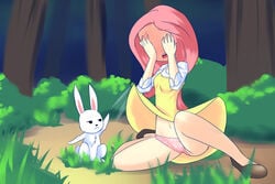 angel_bunny drantyno embarrassed fluttershy_(mlp) friendship_is_magic humanized my_little_pony panties pink_panties skirt_lift straight_hair