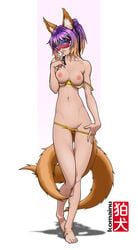 animal_ears anklet barefoot blonde_hair bra breasts bunny_and_fox_world female fox_ears fox_tail gradient_hair hair_ribbon komainu_(artist) long_hair lowleg lowleg_panties marisha_(lunetax) multi_tail multiple_tails navel nipples off_shoulder original panties ponytail pubic_hair purple_hair ribbon simple_background solo standing tail tied_hair two_tone_hair underwear undressing visor white_background yellow_bra yellow_panties