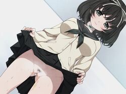 black_hair blush censored clockup cuffs euphoria euphoria_(clockup) female game_cg grey_eyes hair_ornament hamashima_shigeo hokari_kanae looking_at_viewer mosaic_censoring no_panties official_art pubic_hair pussy pussy_juice school_uniform short_hair skirt_lift sweat teen teen_girl teenage teenage_girl teenager young