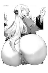 1girls alpha_channel anal_hair anus ass censored cynthia_(pokemon) female female_anus_hair female_only hairy huge_ass human human_only long_hair monochrome nintendo orushibu pokemon pokemon_dppt solo