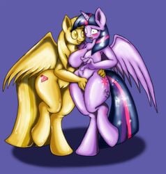 2girls alicorn anthro anthrofied blush breasts colored duo equine eyelashes female friendship_is_magic fur hair horn mammal my_little_pony navel nipples nude pegasus plain_background princess_twilight_sparkle_(mlp) purple_background purple_fur purple_hair pussy suirano teeth twilight_scepter_(mlp) twilight_sparkle_(mlp) wings yuri