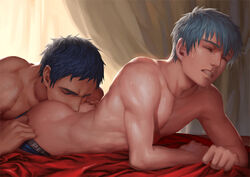 2boys anal anilingus aomine_daiki ass bare_shoulders bed blue_hair bubble_butt clenched_teeth closed_eyes collarbone dark_skin face_in_ass from_behind gay hair human human_only interracial kuroko_no_basuke kuroko_tetsuya lying male male_only multiple_boys multiple_males neck on_bed on_stomach oral penguin_frontier sheet_grab short_hair sweat topless underwear underwear_pull yaoi