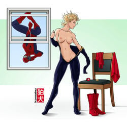 1boy blonde_hair blue_eyes bodysuit boots breasts camera cape captain_marvel carol_danvers chair female gloves komainu_(artist) marvel navel nipples parted_lips peter_parker short_hair spider-man spider-man_(series) standing straight_hair undressing upside-down web window