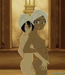 2girls anaxus avatar_the_last_airbender breasts brown_hair chocolate_and_vanilla dark-skinned_female dark_skin earth_kingdom female female_only human interracial interracial_yuri katara lesbian multiple_females multiple_girls nickelodeon nipples sauna small_breasts smile spa toph_bei_fong towel towel_on_head water_tribe yuri