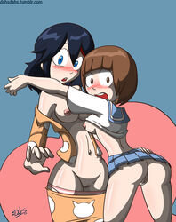 2013 2girls anus areola ass bare_shoulders black_hair blue_eyes blush breasts brown_hair cleavage clothing dahs embarrassed female female_only hourglass_figure kill_la_kill looking_at_viewer mankanshoku_mako matoi_ryuuko multiple_girls nipples open_mouth pajamas panties panties_down pants_down pussy red_hair school_uniform shirt_lift short_hair sideboob skirt standing two_tone_hair wide_eyed yuri