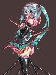 1girls aqua_eyes aqua_hair asphyxiation biosuit blue_hair blush bondage breasts clothing drowning eyebrows_visible_through_hair female hatsune_miku living_clothes long_hair maimai11 nipples one_eye_closed open_mouth pussy_eating_monster rape restrained rubbing_pussy simple_background solo solo_female stockings straitjacket tentacle tied_hair twintails very_long_hair vocaloid