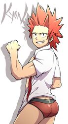 1boy ass biceps briefs bubble_butt clenched_teeth colored eijirou_kirishima flexing kyon_(artist) male male_only male_underwear my_hero_academia partially_clothed red_eyes red_hair red_underwear smile solo solo_male unbuttoned underwear undressing