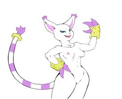 anthro breasts digimon feline female fur furry gatomon hand_on_hip looking_at_viewer mammal nude pussy rheumatism solo standing wide_hips