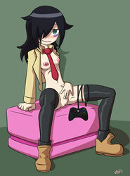 2013 areola autistic_female bags_under_eyes between_breasts black_hair black_legwear blush bottomless breasts clothing dahs eye_bags female femcel game_controller green_eyes hair_over_one_eye kuroki_tomoko loser microsoft navel necktie necktie_between_breasts nipples open_clothes pussy school_uniform sitting smile smiling_at_viewer solo stockings teenage_girl teenager thighhighs watashi_ga_motenai_no_wa_dou_kangaetemo_omaera_ga_warui! xbox xbox_360