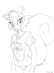 anthro female female_only fur furry monochrome panties sandy_cheeks shoxxe solo spongebob_squarepants straight_hair t-shirt