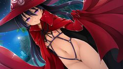 areolae black_hair breasts cape elbow_gloves female flat_chest game_cg gyakuten_majo_saiban:_chijo_na_majo_ni_sabakarechau hat highres legs long_hair looking_at_viewer navel night nipples ozawa_akifumi purple_eyes pussy sky smile solo standing stars thighs