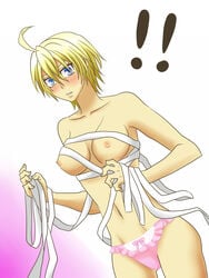 ahoge bandage blonde_hair blue_eyes blush breasts eleonore_kliesen female leo_kliesen nipples ootori_sen_na_gatsu short_hair tekken underwear wardrobe_malfunction