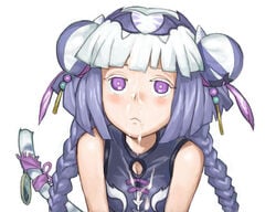 :< after_sex blush braid breasts bust china_dress chinese_clothes cleavage cleavage_cutout colored_eyelashes cum cum_on_clothes cum_on_hair double_bun facial female hair_ornament haku_(p&d) henry_bird_9 long_hair looking_at_viewer multicolored_hair purple_eyes purple_hair puzzle_&_dragons simple_background solo tail tied_hair tiger_tail twintails two_tone_hair very_long_hair white_background white_hair yin_yang