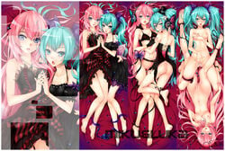 2girls aqua_eyes aqua_hair ass barefoot blue_eyes breasts character_name dress feet female hatsune_miku headphones legs long_hair magnet_(vocaloid) megurine_luka multiple_girls nipples noodle-y nude pink_hair pussy pussy_juice tied_hair toes twintails very_long_hair vocaloid yuri