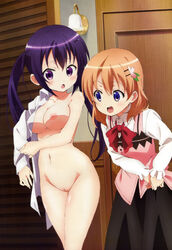 2girls :o absurdres blush breasts brown_hair cocoa_hoto female female_only gochuumon_wa_usagi_desu_ka? hair_ornament hairclip highres human innie_pussy is_the_order_a_rabbit? large_breasts long_hair megami multiple_females multiple_girls navel nipples nude nude_filter open_mouth photoshop purple_eyes purple_hair pussy rize_tedeza shirt short_hair sparkling_eyes thighs tied_hair twintails uncensored undressing waitress white_shirt yamada_yuukei