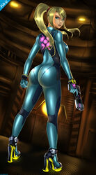 1girls ass ass_focus big_ass blonde_hair blue_eyes bodysuit booty bracelet bubble_butt dat_ass female female_only firearm footwear gun handgun high_heels human long_hair looking_at_viewer looking_back metroid mole nintendo pinup ponytail rocket_heels samus_aran shadman skin_tight solo standing tied_hair tight_clothes weapon wristwear zero_suit zero_suit_samus