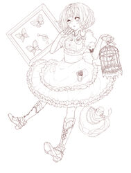 alice_in_wonderland alice_liddell birdcage bottle butterfly cage cork dress female hair_ribbon highres line_art massuru monochrome parted_lips pin princess_royale ribbon short_hair solo white_background white_boots