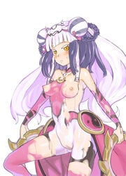 :< blush bodypaint collarbone colored_eyelashes detached_sleeves double_bun dress embarrassed female haku_(p&d) henry_bird_9 jewelry long_hair multicolored_hair navel necklace nipples orange_eyes painted_clothes purple_hair pussy puzzle_&_dragons simple_background solo sweatdrop thighhighs two_tone_hair very_long_hair white_background white_hair yin_yang