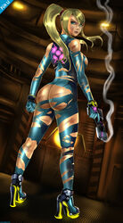 1girls ass ass_focus big_ass blonde_hair blue_eyes bodysuit booty bruises bubble_butt dat_ass dirty female female_only gun high_heels human long_hair looking_at_viewer looking_back metroid mole nintendo ponytail rocket_heels samus_aran shadman skin_tight smoke solo standing tied_hair tight_clothes torn_clothes weapon zero_suit zero_suit_samus