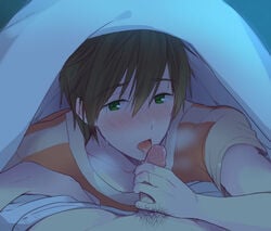 2boys blush brown_hair fellatio free! funikurikurara gay green_eyes licking male multiple_boys oral penis pov pubic_hair sheet sweat tachibana_makoto under_covers yaoi