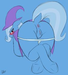 absurdres anthro anus back_turned blue_fur blush clitoris ensayne equine female friendship_is_magic fur furry hat highres hooves horse looking_at_viewer looking_back mammal my_little_pony pony presenting purple_eyes pussy raised_tail silver_hair solo trixie_(mlp) underhoof