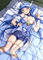 aoki_reika bed bed_sheet bike_shorts blue_eyes blue_hair blue_skirt blush boots breasts clothing cure_beauty eyelashes female hair_ornament hair_tubes highres kijinaka_mahiro knee_boots kneehighs long_hair looking_at_viewer lying magical_girl nipples open_mouth precure pretty_cure revision shorts small_breasts smile_precure solo undressing wrist_cuffs