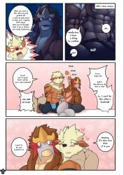 abs absurd_res age_difference anthro blush bottomwear closed_eyes clothed clothing comic confession duo english_text entei entei_(shinobiya) generation_2_pokemon hair heart_symbol hi_res legendary_pokemon male male/male muscular muscular_male nintendo nipples onomatopoeia pants pokemon pokemon_(species) ponytail scar shinobiya sound_effects stripes tail text underwear windy_(shinobiya)