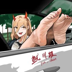 1girls chainsaw_man demon_girl dirty_feet feet feet_up female foot_fetish foot_focus in_car pointed_feet power_(chainsaw_man) smiley_face soles soles_fetish toe_point white_body white_skin wrinkled_feet yellow_eyes you_chuan