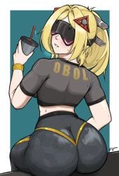 1girls ass big_ass blonde_hair bubble_butt clothing cup dat_ass drink fat_ass female female_only frozenvayne huge_ass large_ass looking_at_viewer looking_back png sitting solo sweat sweatdrop sweaty_body text_on_clothing thick_ass thick_thighs trigger_(zenless_zone_zero) visor wide_hips zenless_zone_zero