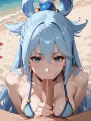 1boy :>= ai_generated aqua_(konosuba) bangs bare_shoulders beach bikini blue_bikini blue_eyes blue_hair blush breasts brokewyt collarbone day erection fellatio female hair_between_eyes hair_ornament hair_rings kono_subarashii_sekai_ni_shukufuku_wo! large_breasts long_hair looking_at_viewer medium_breasts ocean oral outdoors penis pov saliva sand solo_focus straight swimsuit uncensored upper_body veins