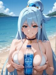 ai_generated aqua_(konosuba) bangs bare_arms bare_shoulders beach between_breasts bikini black_choker blue_eyes blue_hair blue_sky blush bottle brand_name_imitation breasts brokewyt choker cleavage collarbone day female grin hair_between_eyes hair_ornament kono_subarashii_sekai_ni_shukufuku_wo! large_breasts long_hair looking_at_viewer ocean outdoors product_placement sky smile solo swimsuit uncensored upper_body water water_bottle wet white_bikini