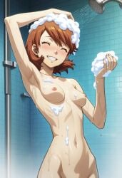 ai_generated armpits bathing brown_hair flat_belly grin happy naked navel nipples perky_breasts persona persona_3 petite short_hair shower skinny slender_waist slim_waist soap soap_bubbles steamy wet_body yukari_takeba