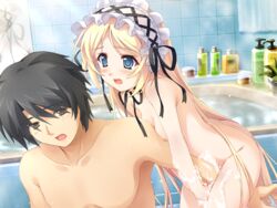 1boy :o bathroom bathtub blonde_hair blue_eyes blush breasts brigitte_load_meroving female foam game_cg headgear kanora long_hair mirror mixed_bathing nekoneko_soft nipples nude open_mouth ribbon small_breasts soap standing water white_~blanche_comme_la_lune~