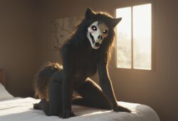 ai_generated anthro anthropomorphic beautiful bedroom big_breasts black_fur black_hair breasts breeding_request female fluffy_tail fur furry furry_only impregnation_request in_heat inviting_to_sex looking_at_viewer mal0 scp scp-1471 scp_foundation seductive seductive_look seductive_smile sexy sexy_body sexy_pose tits_out wet_pussy white_eyes wolf wolf_ears wolf_girl wolf_humanoid