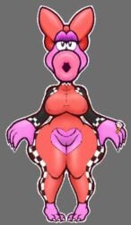 anthro birdo birdo_(character) bow_ribbon exposed exposed_crotch female genitals half-closed_eyes hi_res lips makeup mario_bros narrowed_eyes nintendo nipple_piercing nipples nude piercing pink_body pink_skin pussy racing_suit ring slimey_art solo thick_lips