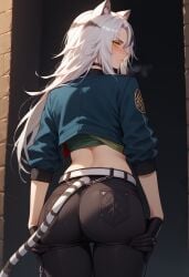 ai_generated animal_ears annoyed arknights ass ass_focus ass_grab ass_lift blush fat_ass hexd indra_(arknights) white_hair