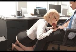 ai_generated blowjob blowjob_face bra_visible_through_clothes heels huge_breasts office office_chair office_clothing office_desk office_lady office_sex pencil_skirt penis short_hair stacked sucking sucking_cock sucking_dick sucking_penis workplace workplace_harassment workplace_nudity workplace_sex