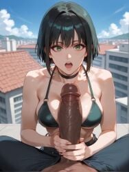1boy ai_generated bangs bare_shoulders bikini bikini_top_only black_bikini black_hair black_pants blue_sky breasts brokewyt building city cloud collarbone dark-skinned_male day erection eyelashes faggot female fingernails green_eyes handjob large_breasts looking_at_viewer o-ring open_fly open_mouth outdoors pants penis pov short_hair sky solo_focus swimsuit teeth tongue uncensored veins veiny_penis