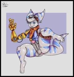 anthro ass balls black_border blue_eyes border clothing ear_piercing erection eyewear eyewear_on_head feet ftg_crossgender fti_crossgender fur futanari genitals gloves goggles goggles_on_head gynomorph handwear happy hi_res intersex lombax looking_at_viewer mammal nipple_outline nipples penis piercing plug_(sex_toy) prosthetic prosthetic_arm prosthetic_limb ratchet_and_clank rivet_(ratchet_and_clank) rule_63 scar sex_toy simple_background smile solo sony_corporation sony_interactive_entertainment tail thick_thighs urethra urethral urethral_bulge urethral_plug vein veiny_penis white_body white_fur wilelter