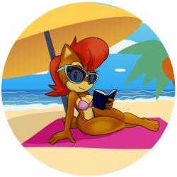 anthro archie_comics beach beach_umbrella bedroom_eyes belly bench big_breasts blue_eyes book book_in_hand breasts brown_body brown_fur chipmunk curvy_figure eyewear female fur ground_squirrel hair mammal narrowed_eyes on_bench parasol red_hair rodent sally_acorn sciurid seductive sega sitting sitting_on_bench sitting_on_towel solo sonic_(series) sonic_the_hedgehog_(archie) sonic_the_hedgehog_(comics) sonic_the_hedgehog_(series) sonicguru sunglasses tan_belly tan_breasts tan_muzzle thick_thighs wide_hips