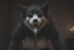 ai_generated anthro anthropomorphic beautiful bedroom big_breasts black_fur black_hair breasts breeding_request cum_dripping_from_mouth cum_in_mouth cumshot female fluffy_tail fur furry furry_only impregnation_request in_heat inviting_to_sex looking_at_viewer mal0 scp scp-1471 scp_foundation seductive seductive_look seductive_smile sexy sexy_body sexy_pose tits_out wet_pussy white_eyes wolf wolf_ears wolf_girl wolf_humanoid