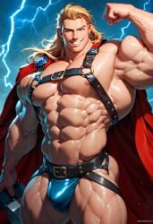 8_pack abs ai_generated and bara bara_tiddies bara_tits biceps big_muscles big_pecs big_thighs blonde_hair bulge cape defined_muscles electricity flexing flexing_arms flexing_bicep handsome harness himbo hunk jockstrap lightning long_hair looking_at_viewer male male_focus male_only manly marvel marvel_cinematic_universe marvel_comics muscles muscular muscular_legs muscular_male muscular_thighs nipples obliques pecs revealing_clothes slutty_clothes smooth_skin thor:_love_and_thunder thor_(marvel) thor_odinson yaoi