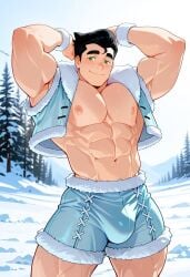 abs ai_generated arctic arms_behind_head avatar_the_last_airbender bara bara_tiddies bara_tits bare_chest biceps big_biceps big_muscles big_pecs big_thighs black blue_sky bolin bulge bulging_biceps chest_exposed cosplay daylight defined_muscles flexing flexing_arms flexing_bicep fur_trim hair happy himbo hoochie_daddy_shorts hotpants hunk looking_at_viewer male male_focus male_only muscles muscular muscular_legs muscular_male muscular_thighs nickelodeon nipples nuktuk obliques outside pecs penis_bulge posing revealing_clothes short_shorts shorts slutty_clothes smiling snow stitching the_legend_of_korra thighs tribal_clothing triceps vest water_tribe winter yaoi