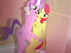 2girls apple_bloom_(mlp) bathroom breasts cutie_mark diamond_tiara diamond_tiara_(mlp) female female_only fingering multiple_females my_little_pony nipples smile yuri